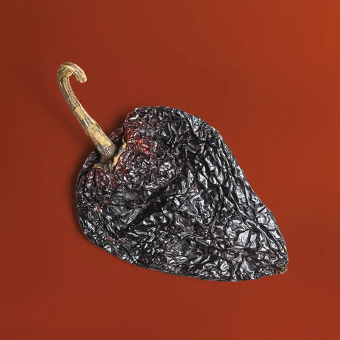 A single Dried ancho pepper on a red background