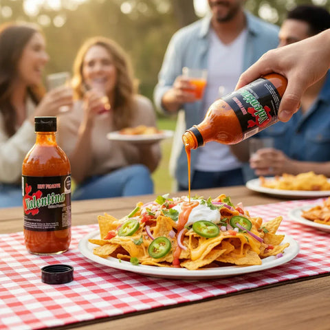Person pouring hot sauce onto nachos with friends in the background