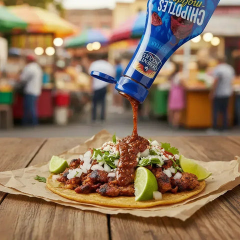 Chipotle relish poured on taco at outdoor market