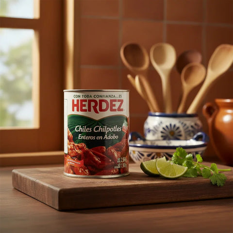 Can of Herdez Chiles Chipoltes on a wooden cutting board with kitchen utensils in the background.