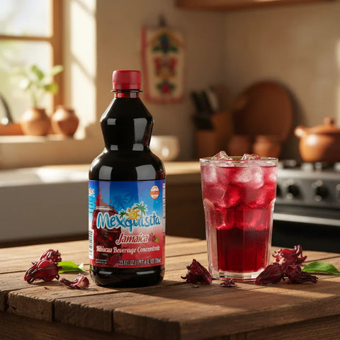 Bottle of Mexiquisita Hibiscus syrup with a glass of Hibiscus drink on a wooden surface in a kitchen setting.