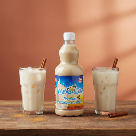 Mexiquita Horchata bottle with two glasses of horchata on a wooden surface.