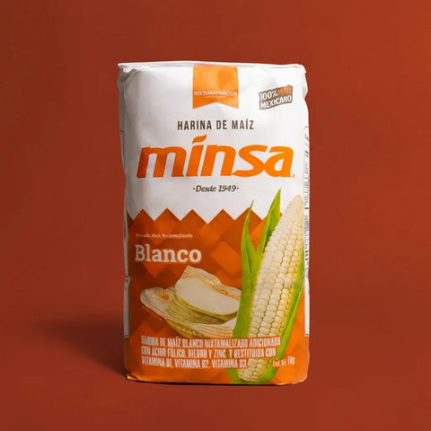 Minsa white corn flour package on a red background