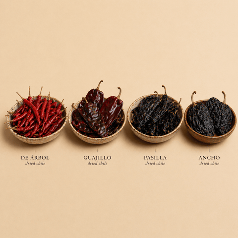 Four types of dried chili peppers in bowls on a beige background