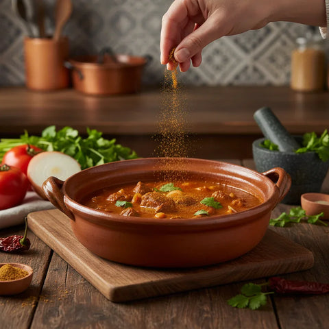 A person is seasoning a bowl of stew with pasilla powder on a wooden table.