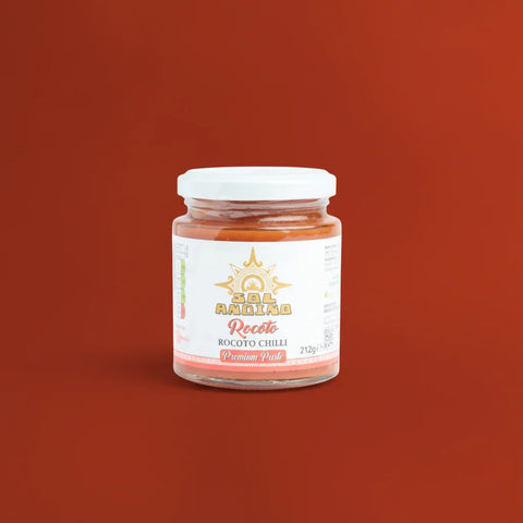 Jar of Rocoto Chilli Paste on a red background