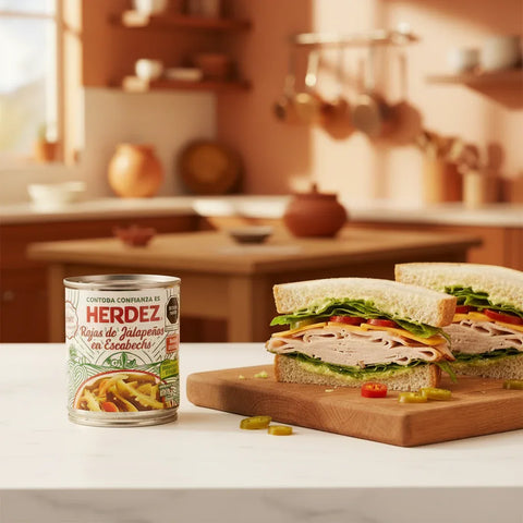 A can of Herdez sliced Jalapeño with a sandwich on a cutting board in a kitchen setting