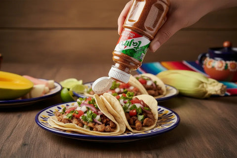 Person pouring Tajin Seasoning onto tacos with a colourful plate and ingredients in the background