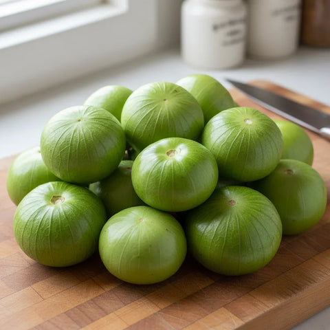 Pile of Green tomatillos on a wooden cutting board in a kitchen