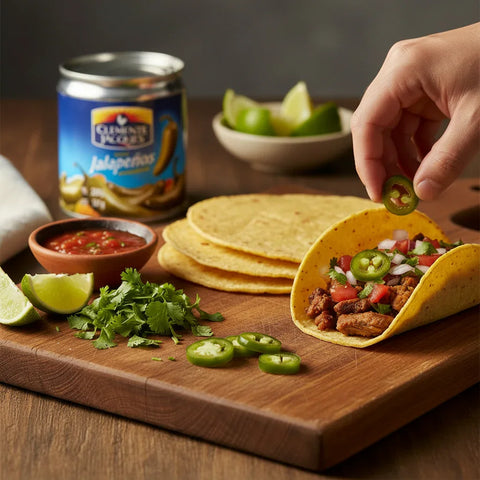 Taco preparation with jalapeños, tortillas, and a can of jalapeños on a wooden cutting board.