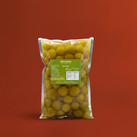 2.3kg bag of whole green tomatillos by Mextrade on a red background