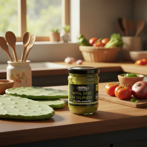 Jar of Nopal Baby En Salmuera on a kitchen counter with cactus leaves and tomatoes.