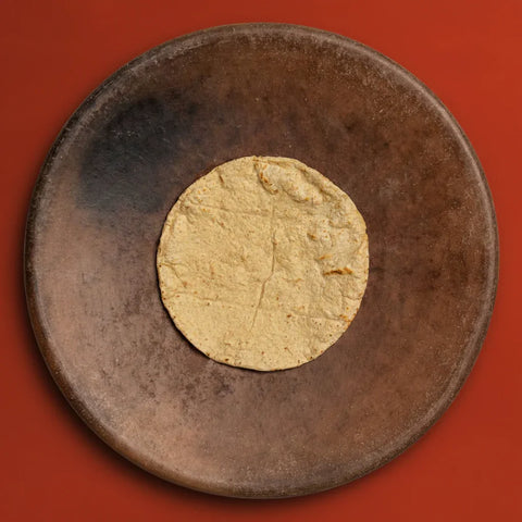Corn tortilla on a rustic brown plate against a red background