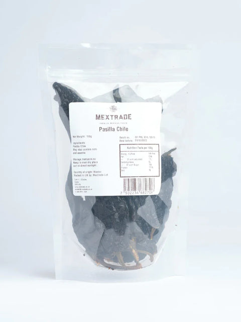 Bag of Pasilla Chile on a white background
