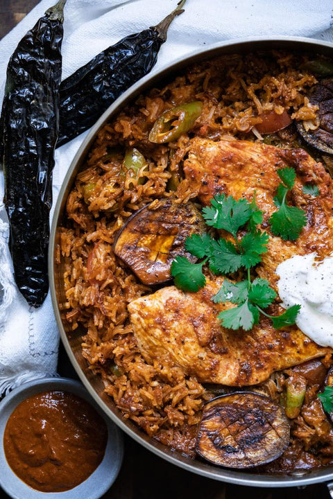 One Pan Pasilla Chicken & Aubergines