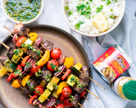 Beef Kebabs with Jalapeño Chimichurri