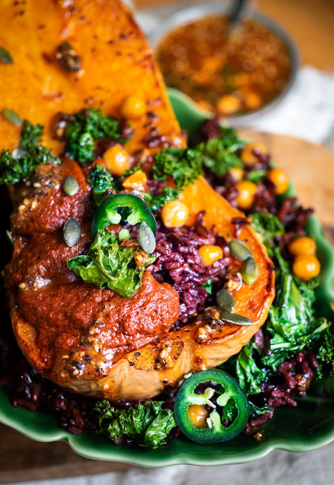 Roasted Butternut Squash with Creamy Pasilla Sauce