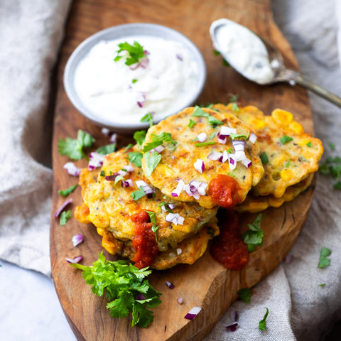 Poblano &amp; Corn Fritters with Jalapeño Yoghurt Sauce