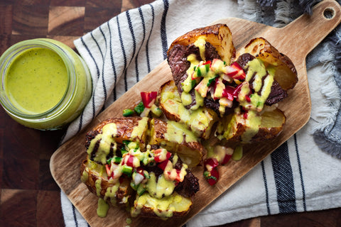 Steak Jacket Potato with Fake Avo Salsa