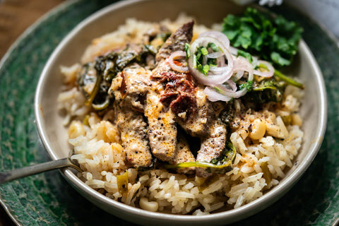 White Corn &amp; Poblano Rice with Creamy Chipotle Salsa