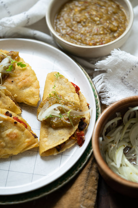 Poblano & Tomatillo Salsa with Crispy Veggie Quesadillas