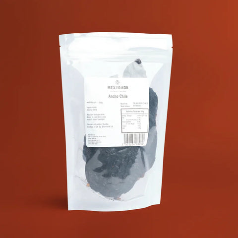 Mextrade ancho chile package on a red background