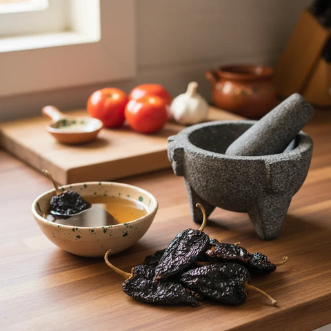 Molcajete with pestle, dried chilies, and a bowl on a wooden surface.
