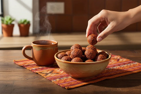 Tamarind bites in a wooden bowl next to cup of hot drink