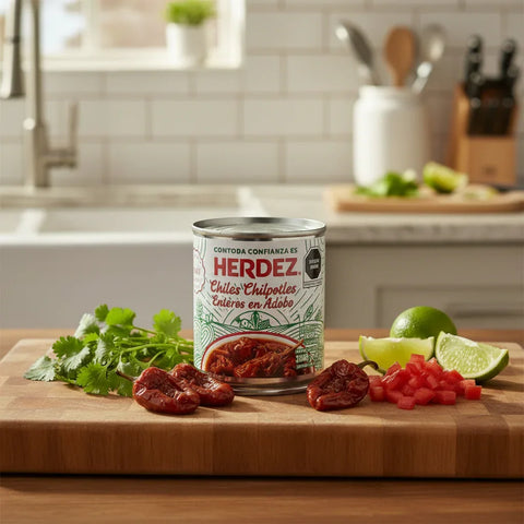 Can of Herdez Chipotle Peppers with fresh peppers, lime and cilantro