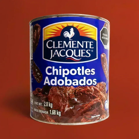 Can of Clemente Jacques Chipotle Peppers on a red background