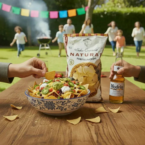 People are enjoying nachos with a bottle of Modelo beer and tortilla chips in a casual outdoor setting.
