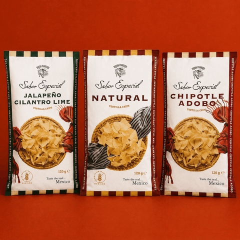 Three packages of Sabor Especial tortilla chips on a red background