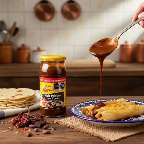 Jar of Dora Maria mole sauce with a spoon drizzling it over a plate of rolled tortillas in a kitchen setting.