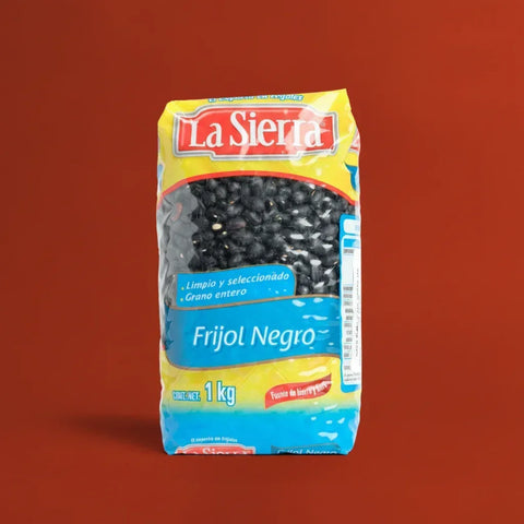 Bag of La Sierra dried black beans on a red background