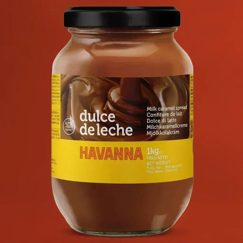 Jar of Havanna Dulce de Leche spread on a red background