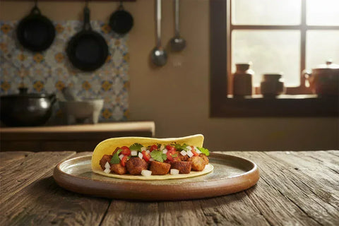 Flour tortilla taco on a plate with a kitchen setting in the background