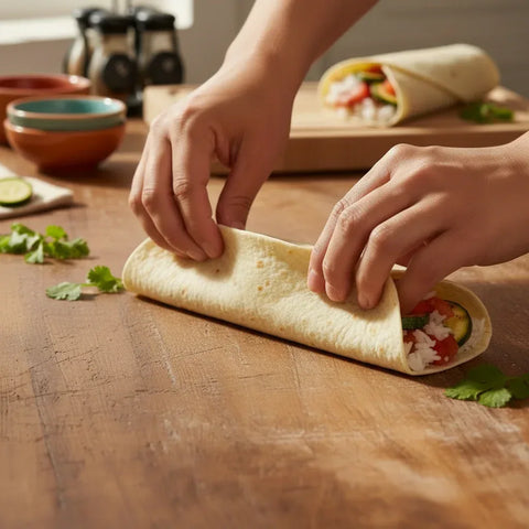 Person rolling a tortilla with fillings on a wooden table