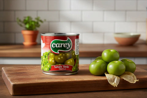 Tin of Tomatillos on a worktop with a pile of tomatillos next to.