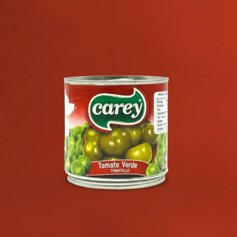 Can of Carey Tomatillos against a red background