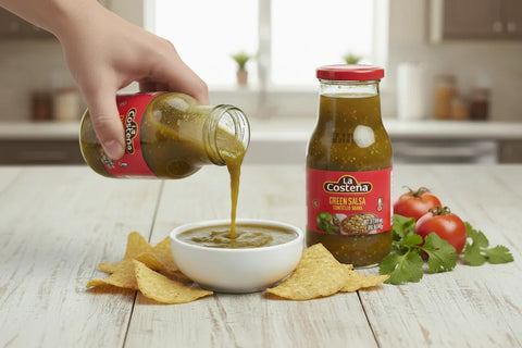 Person pouring salsa from a jar into a bowl with tortilla chips on a kitchen counter.