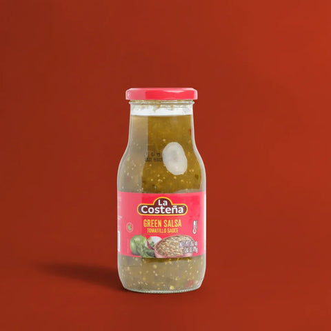 Jar of La Costena Green Salsa on a red background