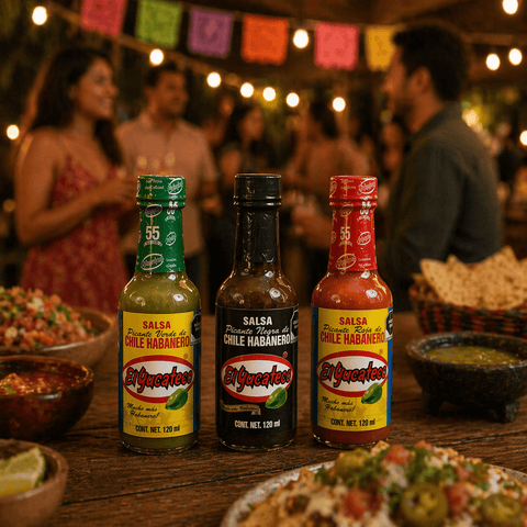 Three bottles of El Yacateco hot sauce on a table with people and food in the background