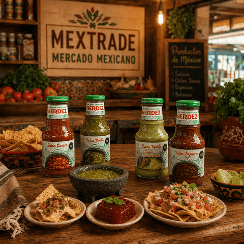 Herdez salsa bottles on a wooden table with Mexican food and decor in the background.
