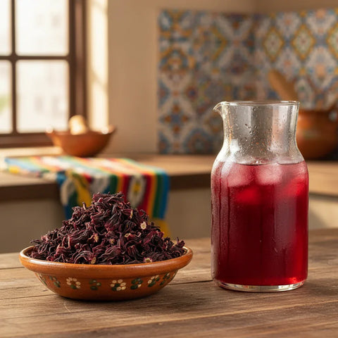 Dried hibiscus flowers in a bowl with a glass pitcher of Hibiscus juice on a wooden surface.
