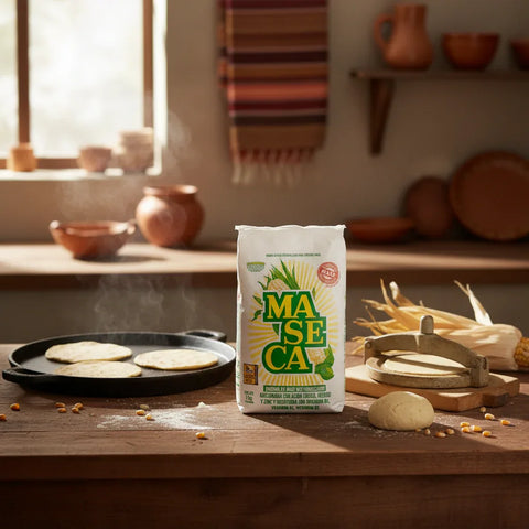 Bag of Maseca corn flour on a wooden table with tortillas and corn in a rustic kitchen setting.