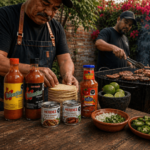 Two men are preparing food outdoors with Valentina hot sauce, red salsa, Chipotle Peppers, and sliced jalapenos on a wooden table.