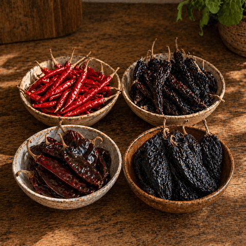 Four bowls of dried chili , Guajillo, Ancho, Pasilla & Arbol.