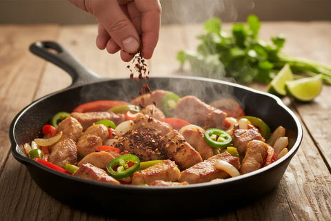 A person is seasoning chicken and vegetables with Morita Flakes for a stir-fry in a pan on a wooden table.