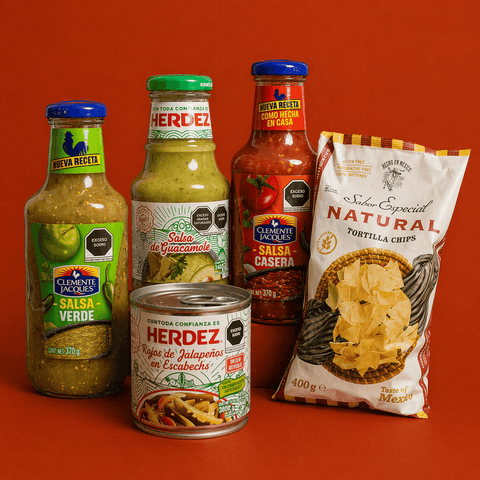 Assorted Mexican food products including sauces and tortilla chips on a red background