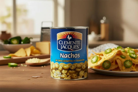 A can of Clemente Jacques Nacho Jalapeno on a table with loaded nacho ingredients in the background